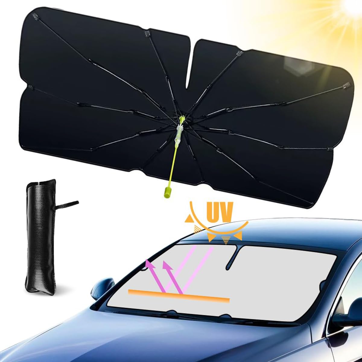 STHIRA Car Windshield Sun Shade UPF 50+ UV Protection 2 in 1 Car Umbrella with Glass Hammer Rearview Mirror Friendly Car Sun Shade Protector Quick Install for Auto Sedan, SUV, 145x75cm Car Sunshade STHIRA Car Windshield Sun Shade UPF 50+ UV Protection 2 in 1 Car Umbrella with Glass Hammer Rearview Mirror Friendly Car Sun Shade Protector Quick Install for Auto Sedan, SUV, 145x75cm Car Sunshade